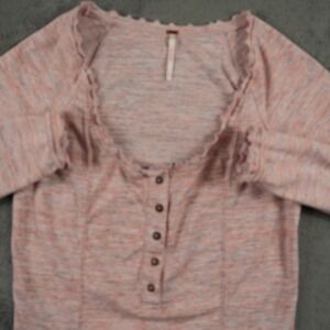 Free People Henley Womens Small Pink Space Dye Lettuce Edge Long Sleeve Top